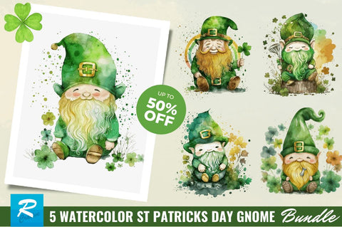 Watercolor St Patricks Day Gnome Clipart Bundle Sublimation Regulrcrative 