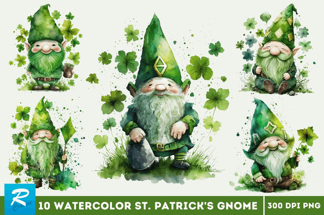 Watercolor St. Patricks Happy Green Gnome Clipart Bundle Sublimation Regulrcrative 