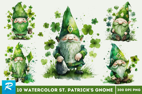 Watercolor St. Patricks Happy Green Gnome Clipart Bundle Sublimation Regulrcrative 