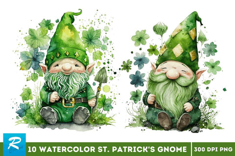 Watercolor St. Patricks Happy Green Gnome Clipart Bundle Sublimation Regulrcrative 