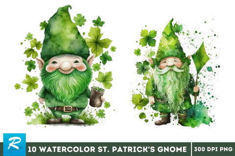 Watercolor St. Patricks Happy Green Gnome Clipart Bundle Sublimation Regulrcrative 