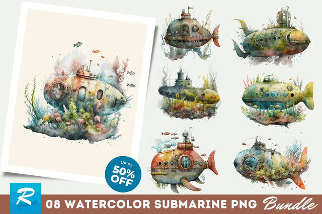 Watercolor Submarine Clipart Bundle Sublimation Regulrcrative 