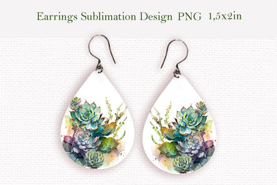 Watercolor succulents teardrop earrings design Sublimation LuckyTurtleArt 