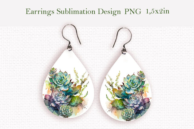 Watercolor succulents teardrop earrings design Sublimation LuckyTurtleArt 