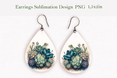 Watercolor succulents teardrop earrings design Sublimation LuckyTurtleArt 