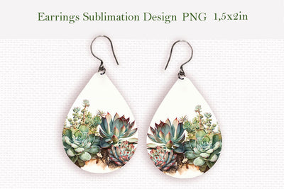Watercolor succulents teardrop earrings design Sublimation LuckyTurtleArt 