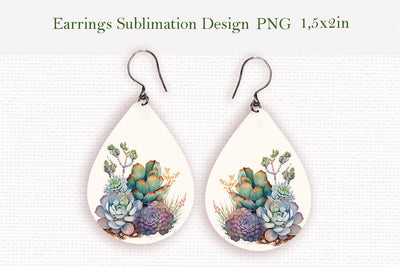 Watercolor succulents teardrop earrings design Sublimation LuckyTurtleArt 