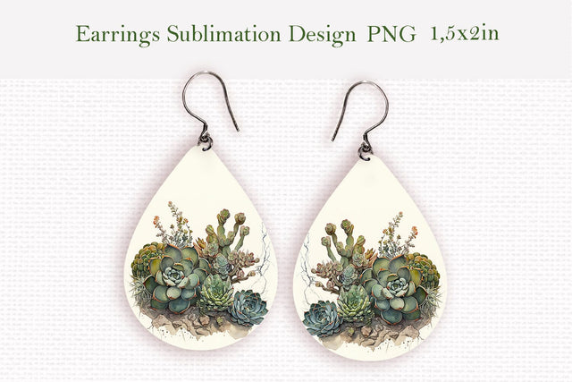 Watercolor succulents teardrop earrings design Sublimation LuckyTurtleArt 