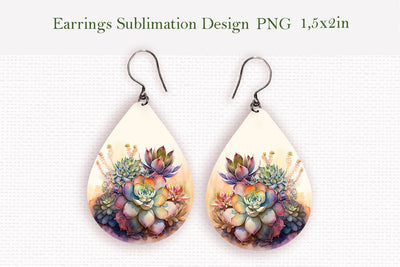Watercolor succulents teardrop earrings design Sublimation LuckyTurtleArt 