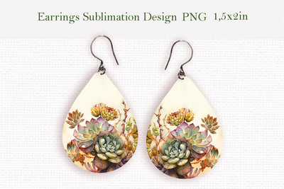 Watercolor succulents teardrop earrings design Sublimation LuckyTurtleArt 
