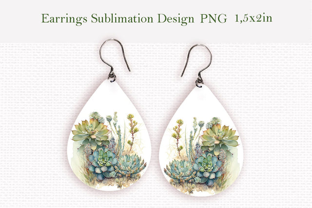 Watercolor succulents teardrop earrings design Sublimation LuckyTurtleArt 