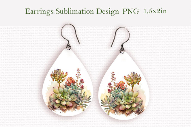Watercolor succulents teardrop earrings design Sublimation LuckyTurtleArt 