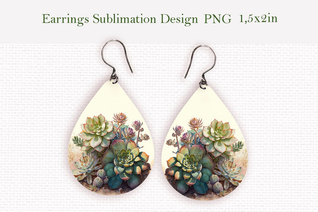 Watercolor succulents teardrop earrings design Sublimation LuckyTurtleArt 
