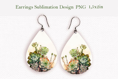 Watercolor succulents teardrop earrings design Sublimation LuckyTurtleArt 