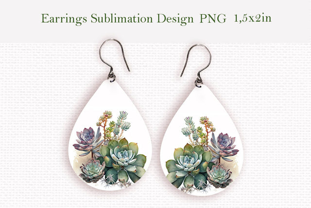 Watercolor succulents teardrop earrings design Sublimation LuckyTurtleArt 