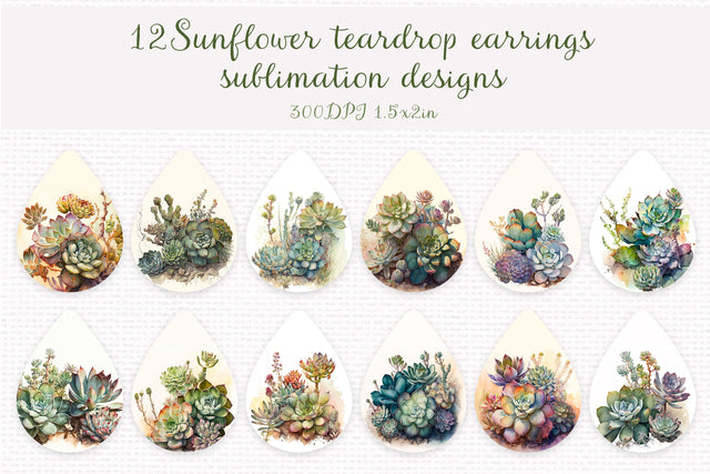 Watercolor succulents teardrop earrings sublimation bundle Sublimation LuckyTurtleArt 