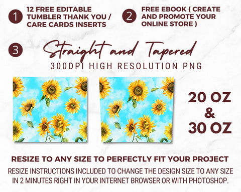 Watercolor Sunflower 20 oz Skinny Tumbler Sunflower Sky Sublimation Tumbler Design Digital Download PNG Sublimation TumblersByPhill 
