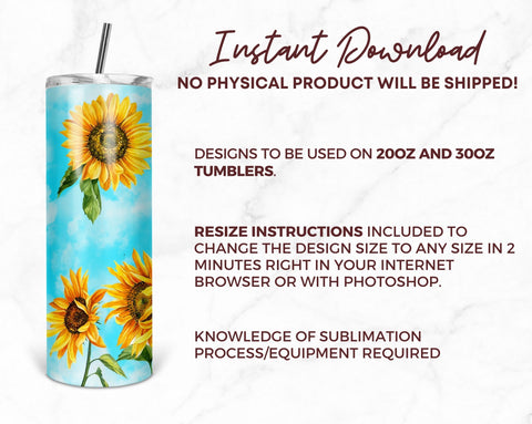 Watercolor Sunflower 20 oz Skinny Tumbler Sunflower Sky Sublimation Tumbler Design Digital Download PNG Sublimation TumblersByPhill 
