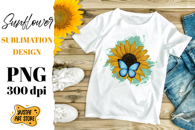 Watercolor Sunflower and blue butterfly sublimation design Sublimation Yustaf Art Store 