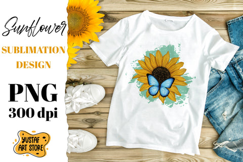 Watercolor Sunflower and blue butterfly sublimation design Sublimation Yustaf Art Store 