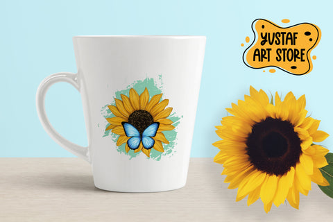 Watercolor Sunflower and blue butterfly sublimation design Sublimation Yustaf Art Store 