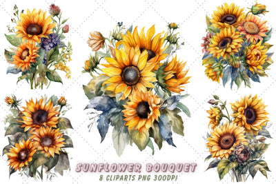 Watercolor Sunflower Bouquet Clipart Bundle, Sublimation, Sunflower Bouquet Sublimation FloridPrintables 