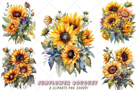 Watercolor Sunflower Bouquet Clipart Bundle, Sublimation, Sunflower Bouquet Sublimation FloridPrintables 