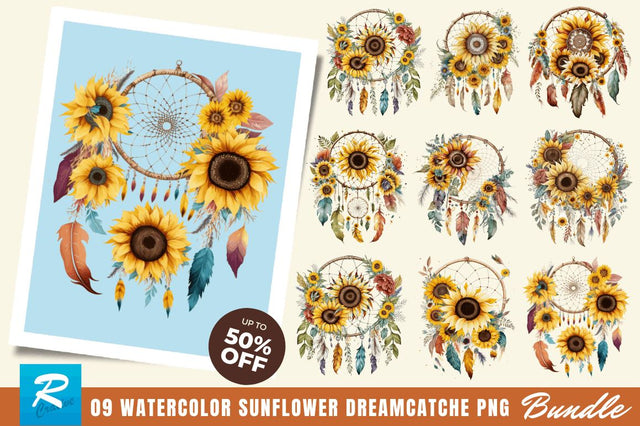Watercolor Sunflower Dreamcatcher Clipart Bundle Sublimation Regulrcrative 