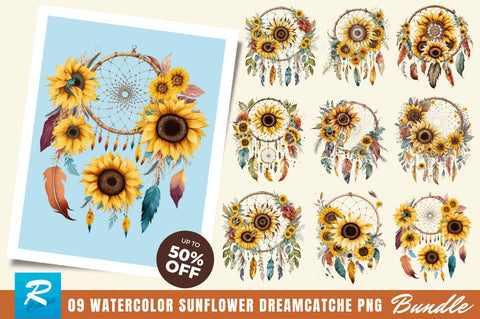 Watercolor Sunflower Dreamcatcher Clipart Bundle Sublimation Regulrcrative 