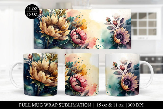 Watercolor Sunflower Mug Press Sublimation Design Sublimation BijouBay 
