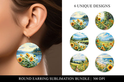 Watercolor Sunflowers Round Earring Sublimation Designs Sublimation BijouBay 
