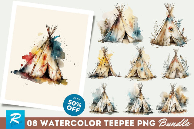 Watercolor Teepee Clipart Bundle Sublimation Regulrcrative 