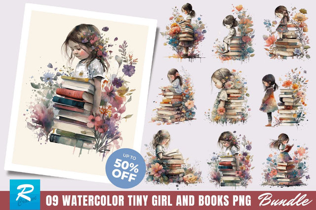 Watercolor Tiny Girl and Books Clipart Bundle Sublimation Regulrcrative 