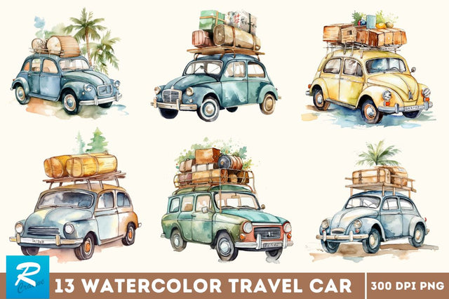 Watercolor Travel Car Clipart Bundle Sublimation Regulrcrative 