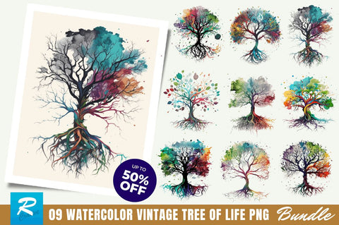 Watercolor Tree of Life Clipart Bundle Sublimation Regulrcrative 
