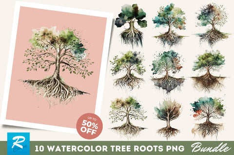 Watercolor Tree Roots Clipart Bundle Sublimation Regulrcrative 