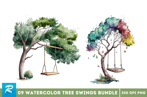 Watercolor Tree Swings Clipart Bundle Sublimation Regulrcrative 