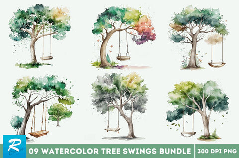 Watercolor Tree Swings Clipart Bundle Sublimation Regulrcrative 