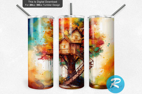 Watercolor Treehouse 20 oz / 30 oz Tumbler PNG Sublimation Regulrcrative 
