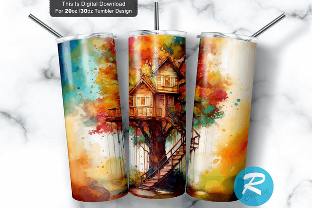 Watercolor Treehouse 20 oz / 30 oz Tumbler PNG Sublimation Regulrcrative 