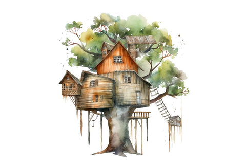 Watercolor Treehouse Clipart Bundle Sublimation Regulrcrative 