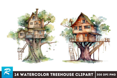 Watercolor Treehouse Clipart Bundle Sublimation Regulrcrative 