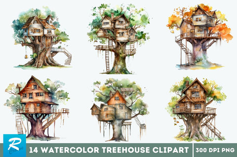 Watercolor Treehouse Clipart Bundle Sublimation Regulrcrative 