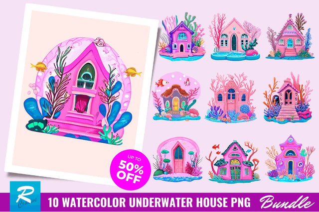 Watercolor Underwater House Clipart Bundle Sublimation Regulrcrative 