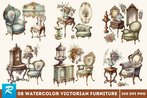 Watercolor Victorian Furniture Bundle Sublimation Regulrcrative 