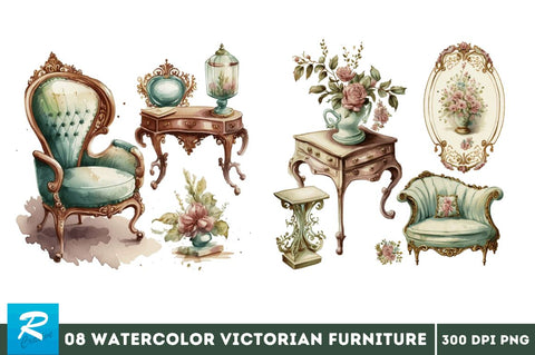 Watercolor Victorian Furniture Bundle Sublimation Regulrcrative 