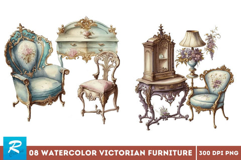Watercolor Victorian Furniture Bundle Sublimation Regulrcrative 