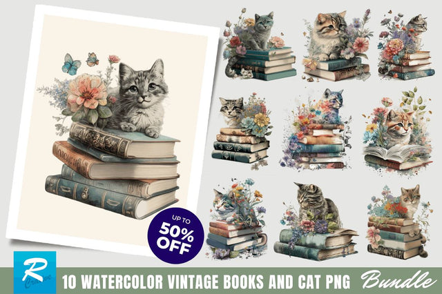 Watercolor Vintage Books and Cat Clipart Bundle Sublimation Regulrcrative 
