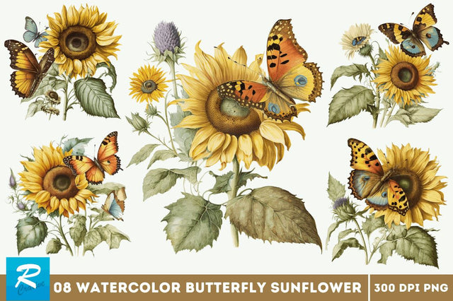 Watercolor Vintage Butterfly Sunflower Clipart Bundle Sublimation Regulrcrative 