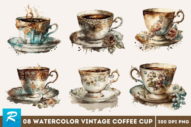 Watercolor Vintage Coffee Cup Clipart Bundle Sublimation Regulrcrative 
